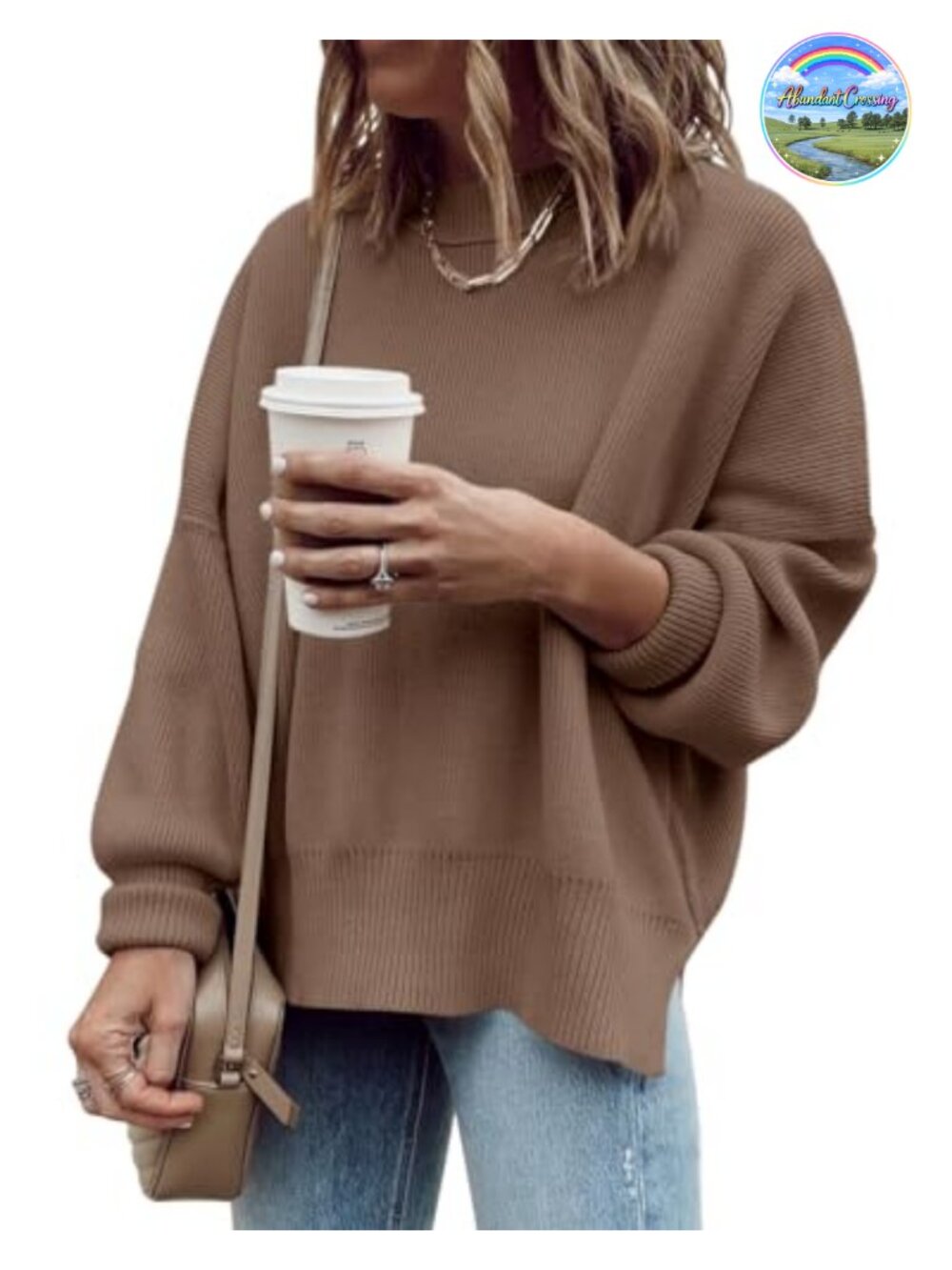 Oversized Tunic Sweater Loose Fit Ribbed Crewneck Side Slit Fall Pullover